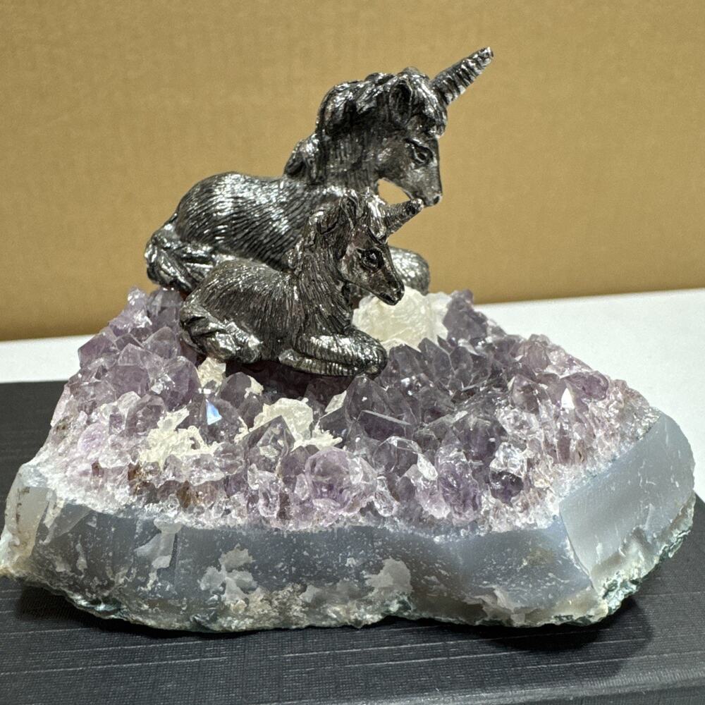 Unicorn Mother & Baby Foal Pewter Metal Figurine on Amethyst Crystal Geode Magic